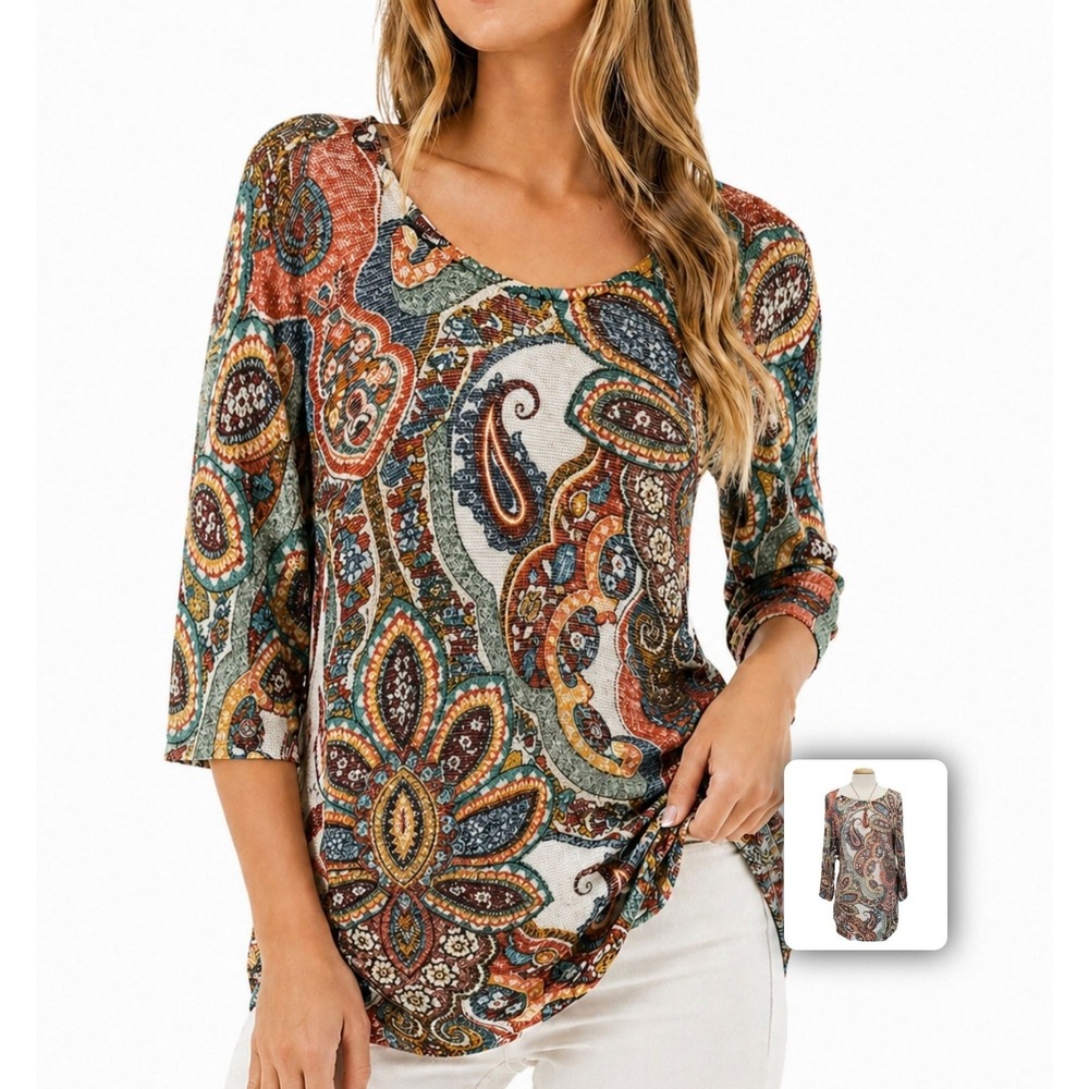 Chico's Paisley Knit Tunic Blouse Stretch Lightweight Office Chic Top L